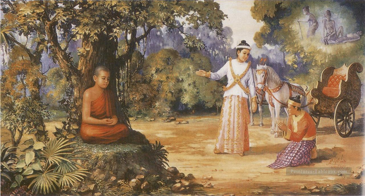 les quatre grands signes de l’ancien malade mort et un moine mendiant serein bouddhisme Peintures à l'huile